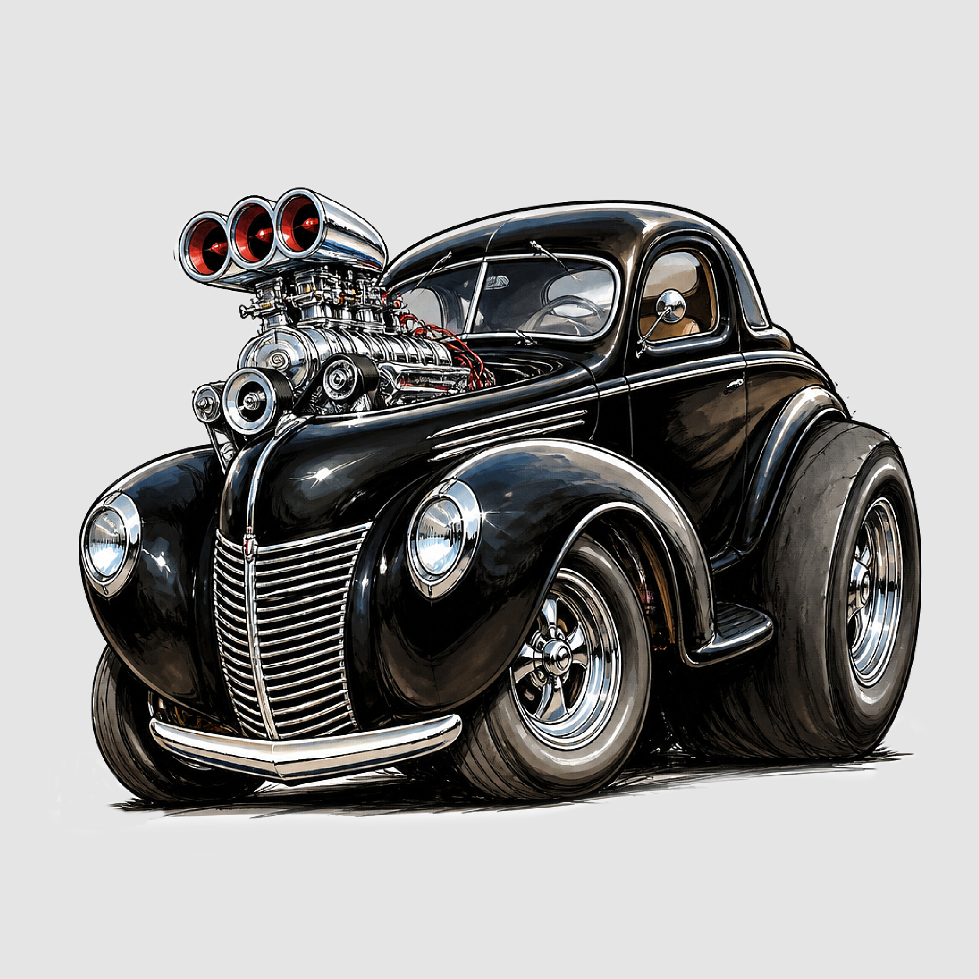Cartoon caricature of a black 1940 Ford coupe hot rod with a chrome supercharged engine