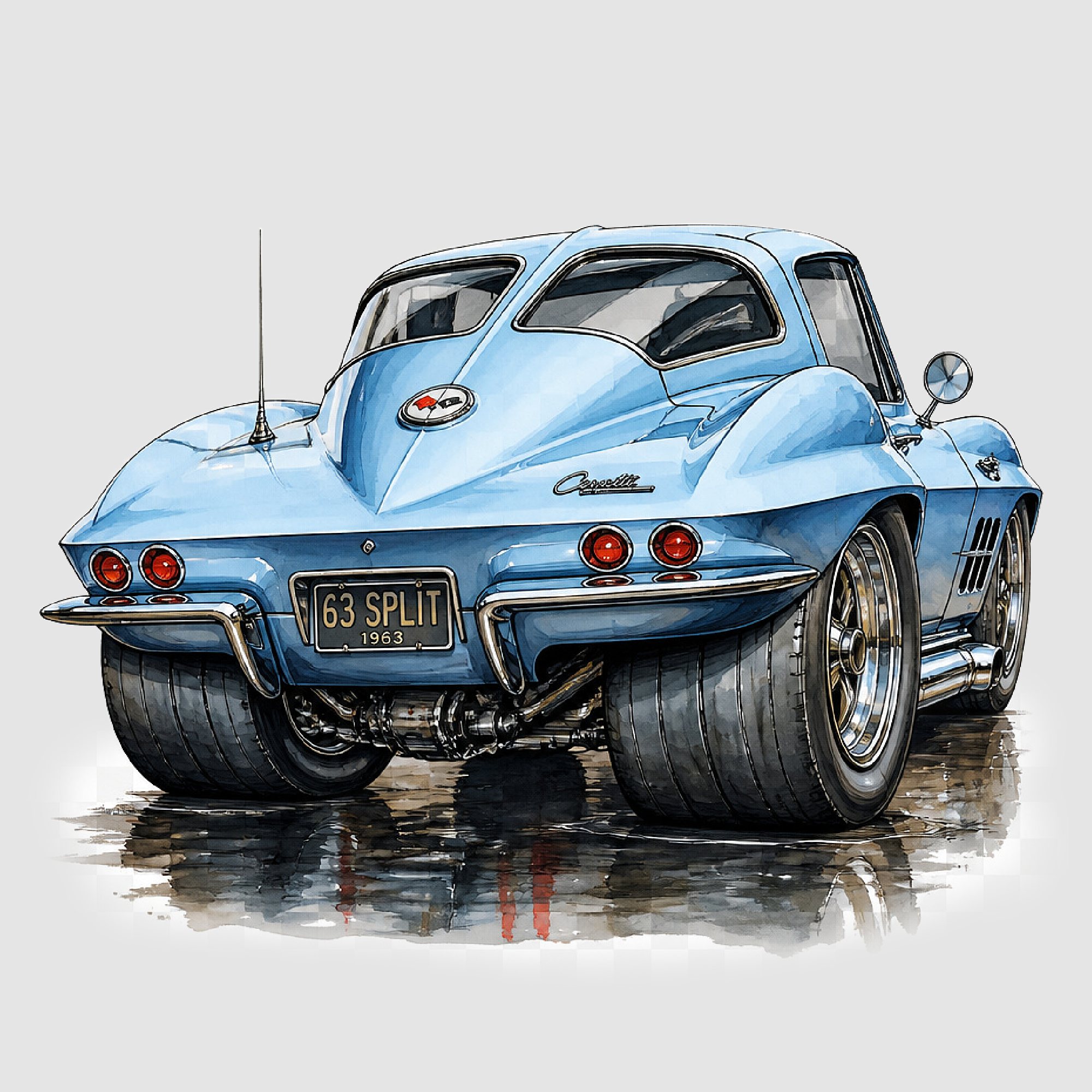 Cartoon caricature of a light blue 1963 Corvette Stingray split-window coupe seen from the rear