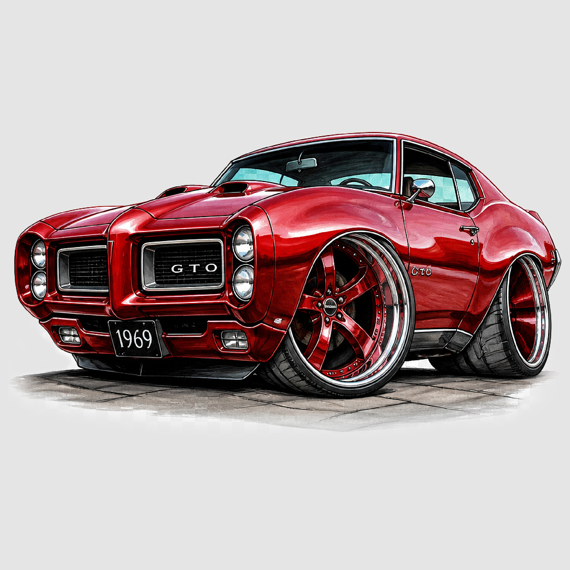 Cartoon caricature of a candy red 1969 Pontiac GTO with oversized chrome wheels